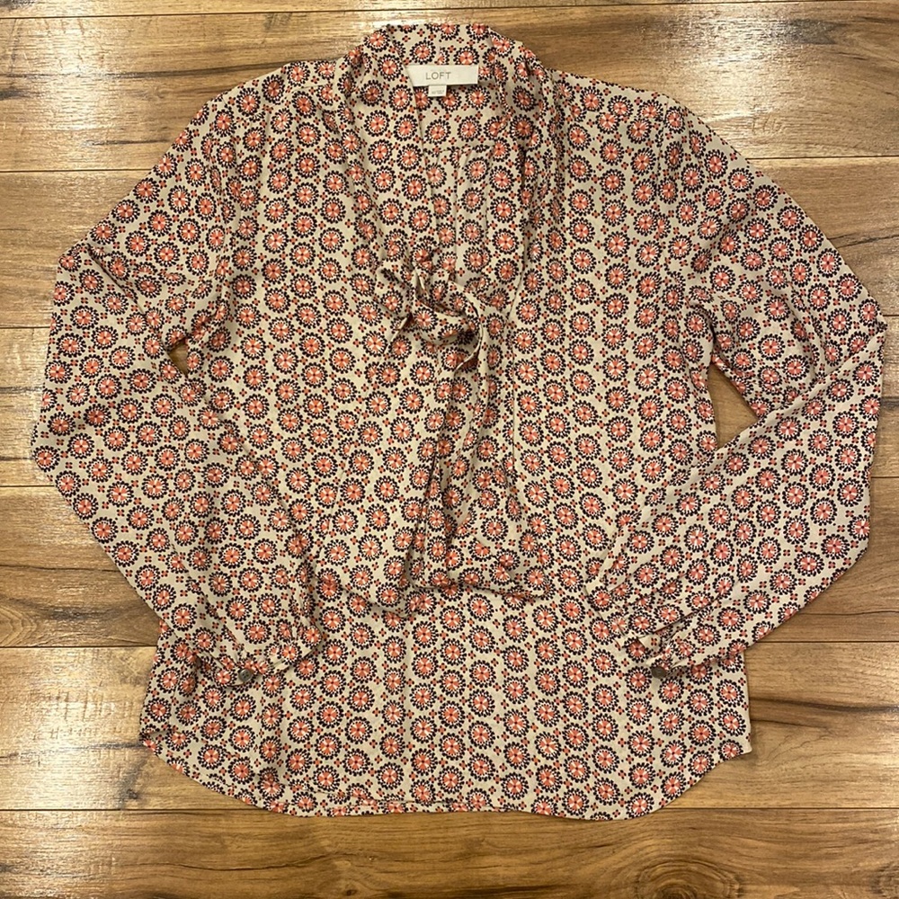 Loft XS Cream Blouse with Coral Detail